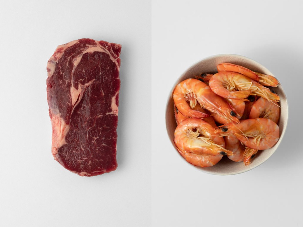 ButcherCrowd grass-fed beef and wild-caught prawns, isolated product photography